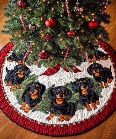 Hotdog Harmony Quilted Dachshund Christmas Tree Skirt — Fun Dog-Themed Holiday Décor, Plush Quilting, Durable & Easy To Clean