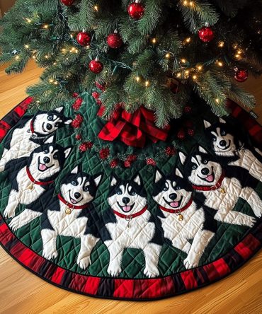 Howling Holiday Huskies Quilted Tree Skirt — Playful Husky Pack Design, Plush Quilting & Durable, Easy-Care Holiday Accent