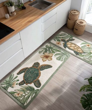Hula Shell Coastal Kitchen Rug — Tropical Shell & Hibiscus Design, Machine Washable Non-Slip Area Mat With Low-Profile Comfort For Beachy Or Island Décor