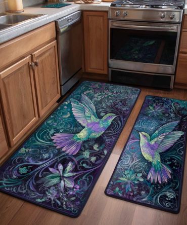 Hummingbird Garden Kitchen Rug — Lush Botanical Print With Tiny Birds, Durable Low-Pile Area Mat, Machine Washable & Slip-Resistant For Everyday Use