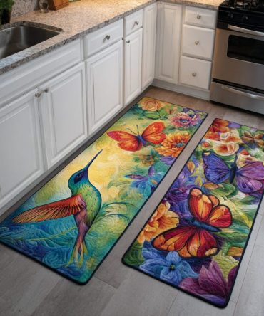 Hummingbird Garden Kitchen Runner Rug — Slip-Resistant Floral Mat, Easy-Care Machine Washable Surface, Soft Underfoot And Fade-Resistant