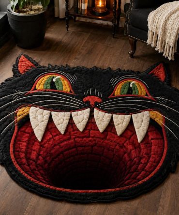 Hungry Halloween Cat Rug — Custom Shaped Spooky Feline Floor Mat For Entryway, Kitchen, Living Room & Seasonal Decor