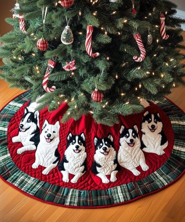 Husky Christmas Magic Quilted Tree Skirt — Enchanting Husky Design, Soft Quilting & Durable, Machine-Washable Holiday Accent