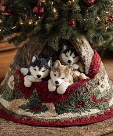 Cozy Husky Hearth Quilted Tree Skirt – 48-Inch Christmas Decor With Warm Hearth Spirit Design, Plush & Durable Holiday Accent