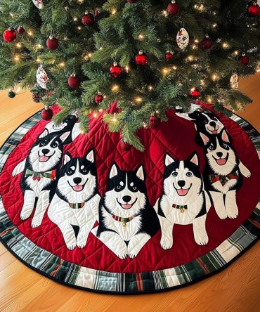 Husky Holiday Charm Quilted Tree Skirt — Festive Husky Embroidery, Plush Quilting & Durable, Easy-Care Holiday Accent