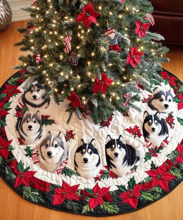 Cozy Quilted Husky Christmas Tree Skirt — Festive Dog-Themed Holiday Décor For Pet Lovers, Soft Quilting & Gift-Ready Design