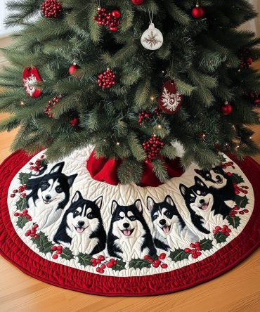 Husky Winter Wonderland Quilted Tree Skirt — Snowy Husky Design, Cozy Quilting & Easy Snap Closure For Holiday Styling