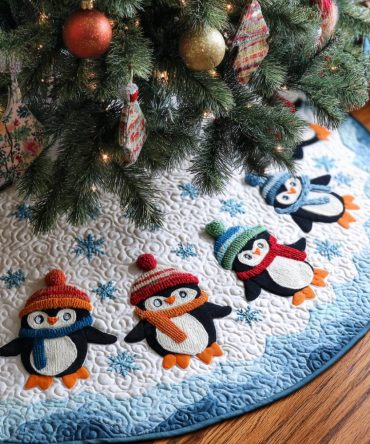 Ice Penguin Quilted Christmas Tree Skirt - Frosty Penguin Holiday Decor, Elegant Winter Quilted Tree Base For Seasonal Charm