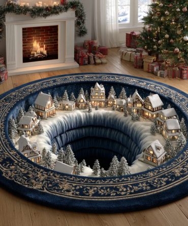 Icy Christmas Village Round Rug — Cool-Toned Holiday Area Rug With Winter Scene , Soft Plush, Durable Backing, Easy Care & Non-Slip