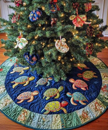 Island Serenade Quilted Christmas Tree Skirt — Tropical Seashell Holiday Mat, 52-Inch Cotton, Coastal Festive Home Accent