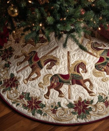 Ivory Carousel Quilted Tree Skirt — Elegant Cream Merry-Go-Round Motif, Soft Quilting, Classic Holiday Home Accent For Christmas