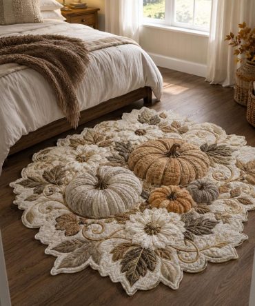 Ivory Pumpkin Lace Elegant Custom-Shaped Area Rug — Delicate Lace Pumpkin Motif On Neutral Ivory, Soft Low-Pile, Fade-Resistant & Multiple Sizes