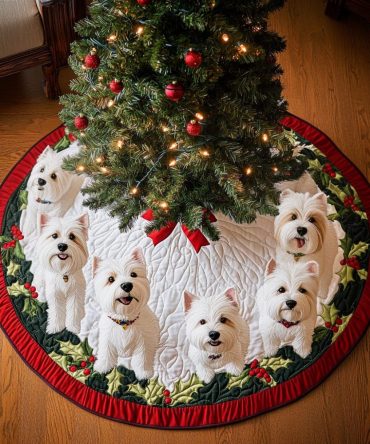 Jingle Bells Westie Quilted Tree Skirt — Playful West Highland Terrier Jingle Design, Soft Quilted Christmas Decor For Dog Lovers