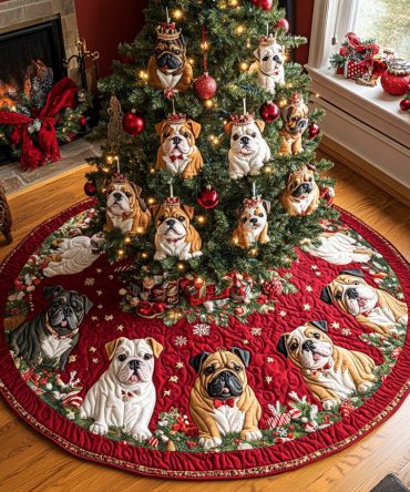 Jingle Bulldog Joy Quilted Tree Skirt - Cheerful Holiday Centerpiece For Bulldog Fans, Soft Quilted Christmas Base
