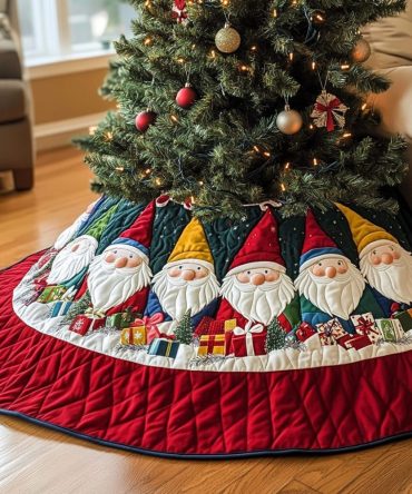 Jingle Gnomes Quilted Christmas Tree Skirt — Playful Gnome Design With Cozy Quilting, Ideal Holiday Base For Family Trees