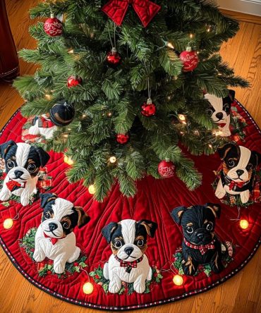 Jingle Paws Boston Terrier Quilted Tree Skirt — Playful 'Jingle Paws' Dog Motif, Festive Base For Family Christmas Trees And Pet Lovers