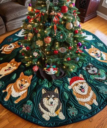 Jolly Akita Nights Quilted Christmas Tree Skirt — Holiday Dog Motif Tree Skirt With Cozy Quilting For Stylish Seasonal Home Decorating