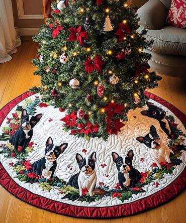 Jolly Boston Terrier Greetings Quilted Tree Skirt — Festive Dog-Themed Holiday Tree Wrap, Soft Durable Seasonal Accent