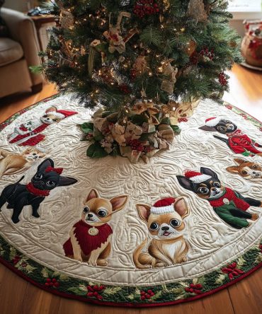 Jolly Chihuahua Quilted Christmas Tree Skirt — Festive Small Dog Tree Skirt, Durable Quilted Holiday Decor & Gift For Dog Lovers