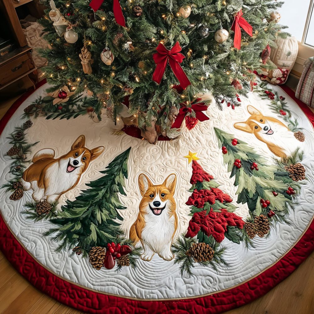 Jolly Corgi Ride Quilted Tree Skirt — Playful Dog-Themed Christmas Base, Soft Cotton Blend, Machine-Washable, Ideal Present For Corgi Lovers