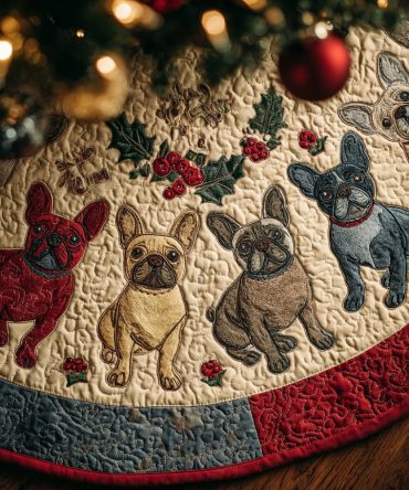 Jolly Frenchie Claus Quilted Christmas Tree Skirt - Vibrant Holiday Design, Cozy Quilting & Ideal Gift For Dog-Loving Homes