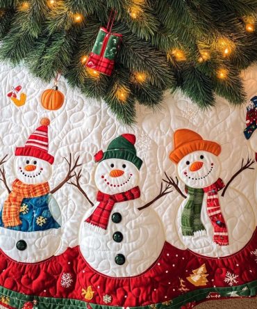 Jolly Gathering Quilted Tree Skirt — Cheerful Holiday Pattern, Family-Friendly Durable Quilting, 48-Inch Round, Machine Washable
