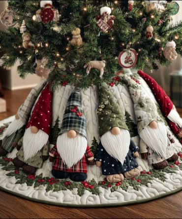 Deluxe Quilted Jolly Gnome Trail Christmas Tree Skirt — Festive Holiday Patchwork Skirt To Elevate Your Tree Display