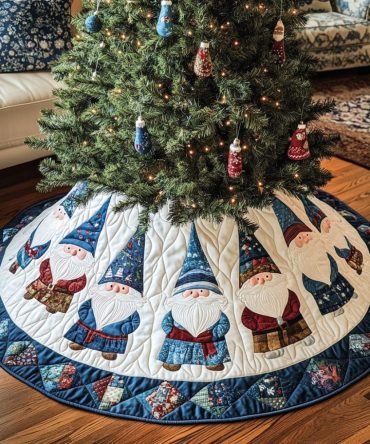 Jolly Gnome Wonderland Quilted Tree Skirt , 60" Round Christmas Tree Collar - Festive Gnome Design, Soft & Durable