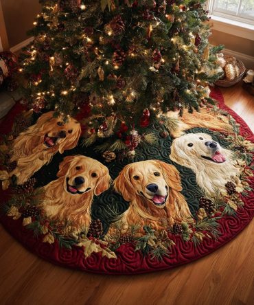 Jolly Quilted Golden Retriever Tree Skirt — Festive Pet-Themed Christmas Skirt With Soft Quilting For Cozy Holiday Home Styling