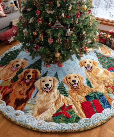 Jolly Quilted Golden Retriever Christmas Tree Skirt — Festive Dog Lover Accent, Soft Layered Quilting, Charming Holiday Gift For Pet Families