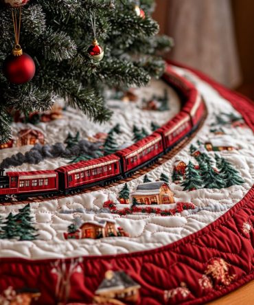 Jolly Journey Quilted Christmas Tree Skirt — Playful Train & Holiday Motifs For Festive Family Rooms And Seasonal Displays
