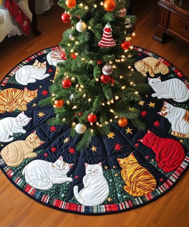 Jolly Kitty Joy Quilted Christmas Tree Skirt — Bright Cat Holiday Tree Skirt, Quilted Cat-Themed Decor To Celebrate Seasonal Cheer