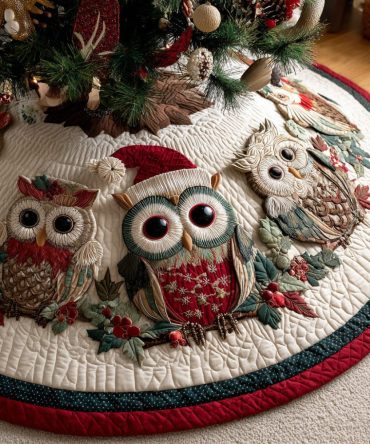 Jolly Owl Glow Quilted Christmas Tree Skirt — Adorable Owl Holiday Tree Skirt With Soft Quilting, Glow Accents & Easy Care