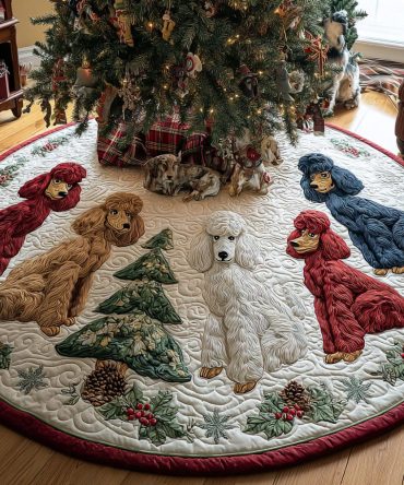 Jolly Poodle Spirit Quilted Tree Skirt — Cheerful Dog-Themed Holiday Accent, Thick Quilting, Fade-Resistant, 48" Diameter