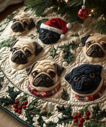 Holiday Pug Quilted Tree Skirt — Plush Embroidered Dog Motif, Luxury Holiday Tree Base Cover For Living Room & Giftable Seasonal Decor