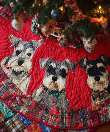 Jolly Schnauzers Quilted Holiday Tree Skirt — Playful Schnauzer Holiday Design, Quilted Christmas Skirt For Dog Lovers And Pet Homes