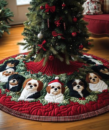 Jolly Quilted Holiday Tree Skirt With Shih Tzu Characters — Vibrant Christmas Tree Mat, Cozy Padding, Easy Attach & Festive Gift For Dog Lovers