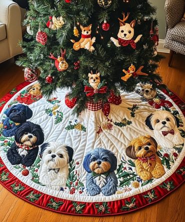 Jolly Quilted Shih Tzu Holiday Tree Skirt — Festive Noel Design, 48 Inch Durable Cotton-Blend, Soft Padding, Ideal Pet Lover Gift