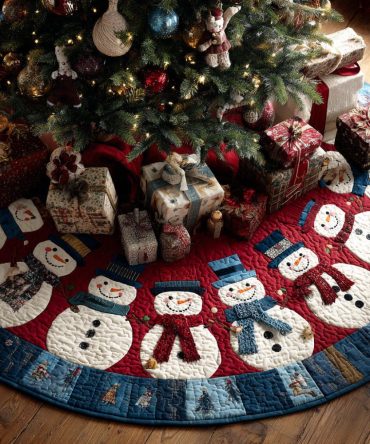 Jolly Snowman Quilted Christmas Tree Skirt — Bright Festive Accent, Plush Quilting For Holiday Mantels, Living Rooms & Gift Displays