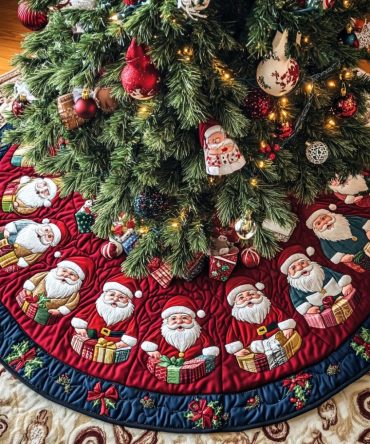 Jolly St. Nick Quilted Christmas Tree Skirt - Cheerful Santa Portrait Design, Vibrant Holiday Decor, 48" Diameter, Soft Padding