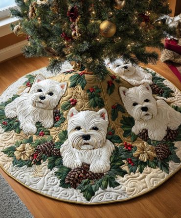 Jolly Westie Holiday Quilted Tree Skirt — Cheerful Dog-Themed Christmas Base, Soft Cotton-Blend, Machine-Washable, Festive Gift For Pet Lovers