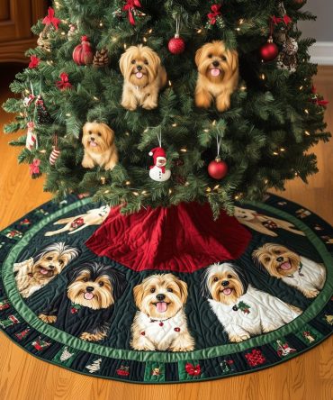 Jolly Yorkie Holiday Quilted Tree Skirt — Jolly Yorkie Christmas Tree Skirt, Soft Quilted Holiday Accent For Pet Lovers