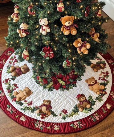 Joyful Bear Ring Quilted Christmas Tree Skirt - Festive Round Holiday Mat With Cheerful Bear Design, Plush Quilted Home Accent