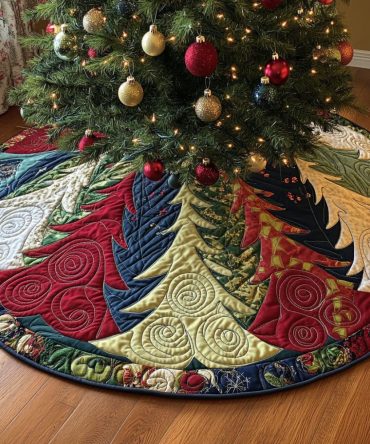 Evergreen Twist Quilted Christmas Tree Skirt — Modern Evergreen Design Holiday Skirt , Soft Quilted Base For Stylish Seasonal Decor