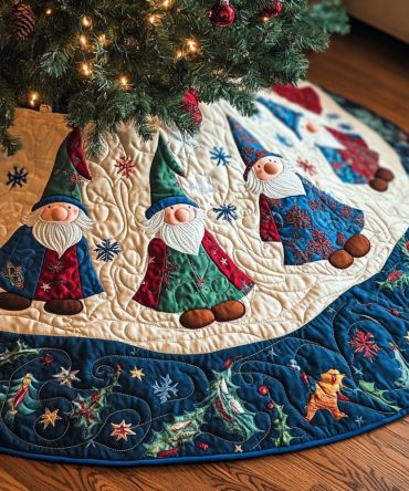 Joyful Gnomes Quilted Tree Skirt — Cheerful Gnome-Themed Christmas Tree Skirt, Soft Quilted Holiday Floor Accent