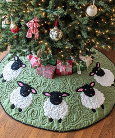 Joyful Lamb Quilted Holiday Tree Skirt — Cheerful Lamb Pattern, Plush Quilting For Cozy Christmas Displays — Perfect Holiday Gift