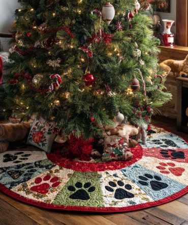 Joyful Paws Quilted Christmas Tree Skirt — Cheerful Paw-Print Holiday Skirt, Quilted Base For Festive Pet-Friendly Decor