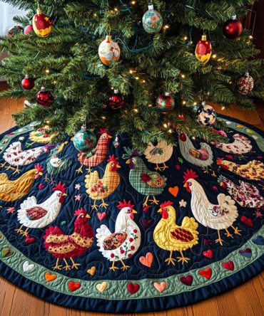 Joyful Roost Quilted Christmas Tree Skirt — Cheerful Rooster & Festive Embroidery, Padded Quilting & Country Holiday Accent