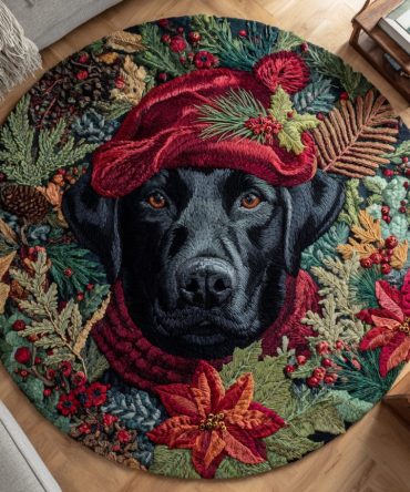 Playful Black Labrador Round Area Rug — Jungle Dog Accent Mat For Living Room, Soft Low-Pile, Non-Slip Backing, Durable Easy-Care