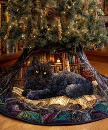 Keeper Of Tomes Quilted Tree Skirt - Literary Cat Holiday Tree Skirt, Handcrafted Quilting, Vintage Library Style, Gift For Book Lovers